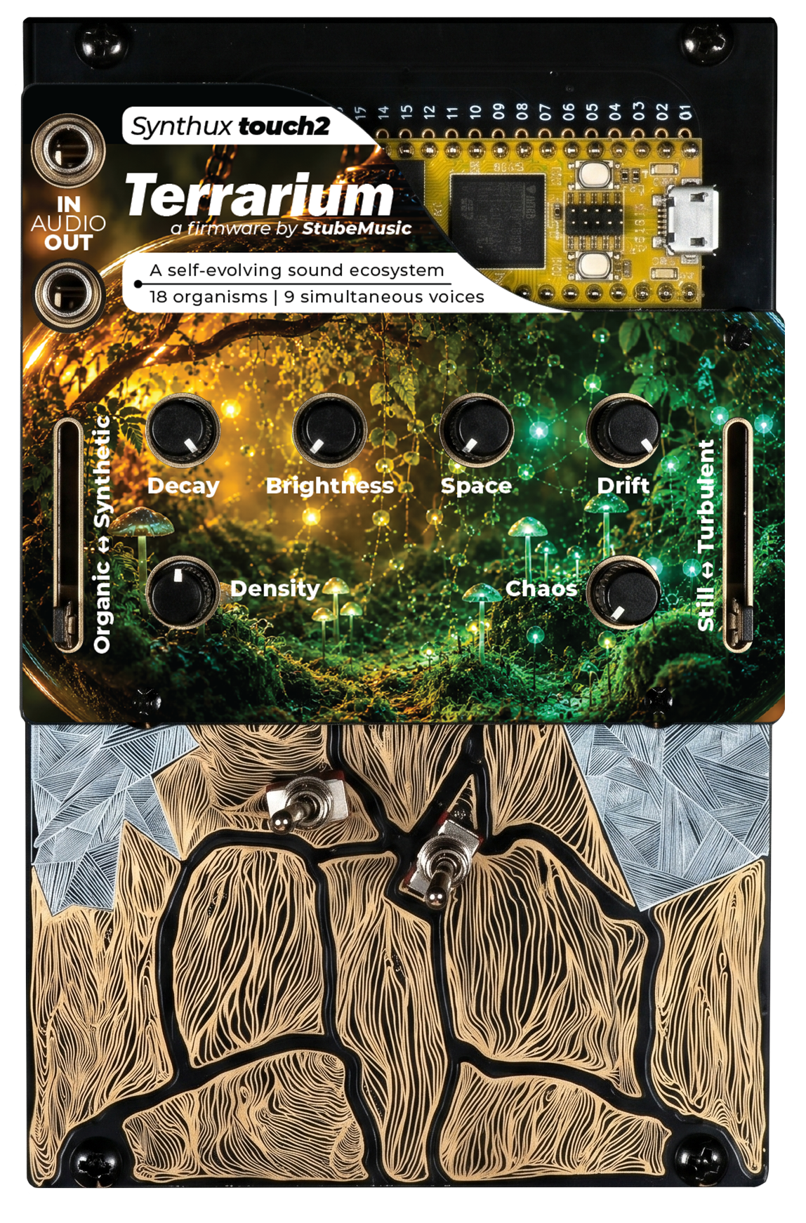 A Synthux Touch 2 fitted with the Terrarium faceplate: six knobs labelled Density, Decay, Brightness, Space, Drift and Chaos, two faders marked organic-to-synthetic and still-to-turbulent, over the glowing terrarium artwork